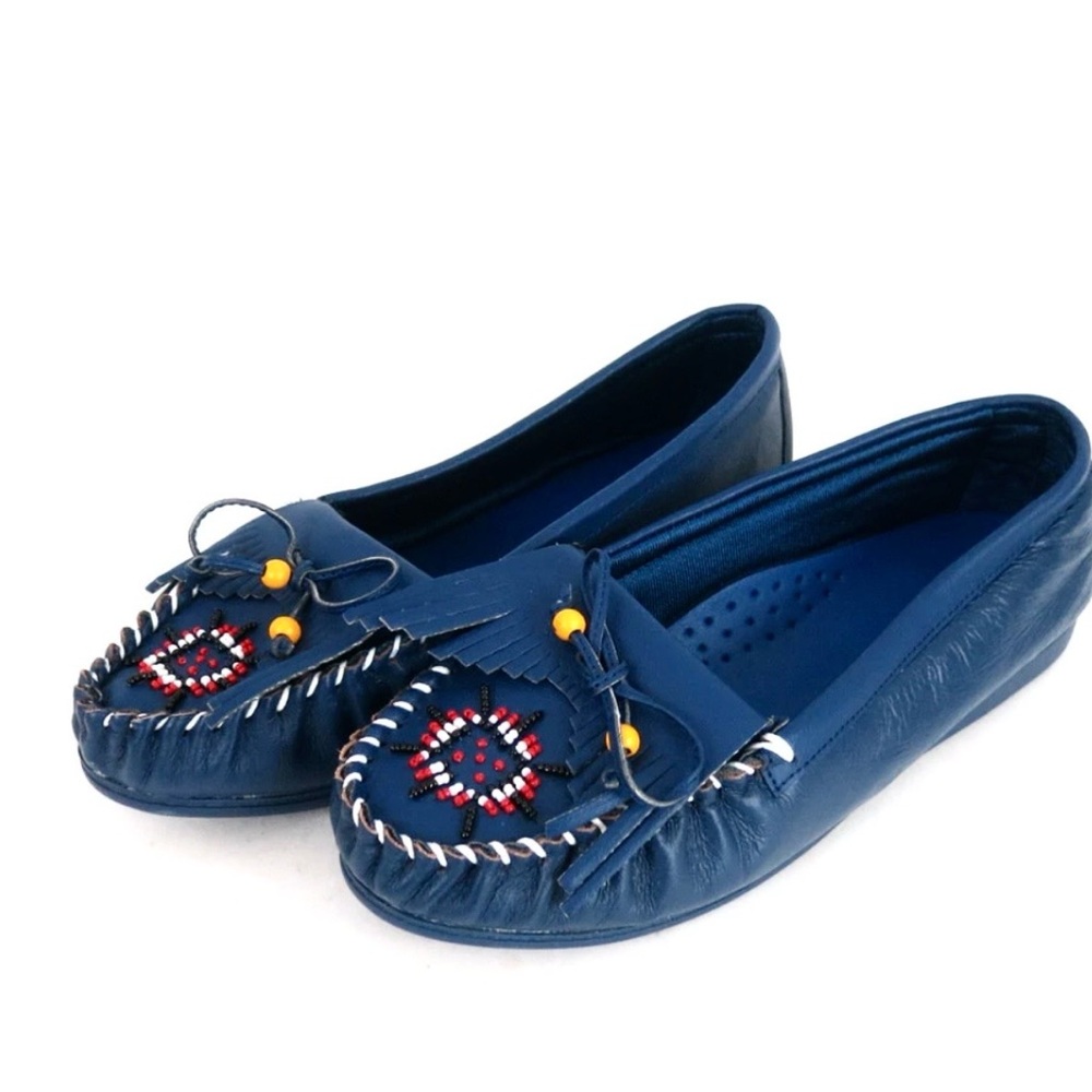Blue Sz 9W Leather Moccasins Beaded Loafers New
